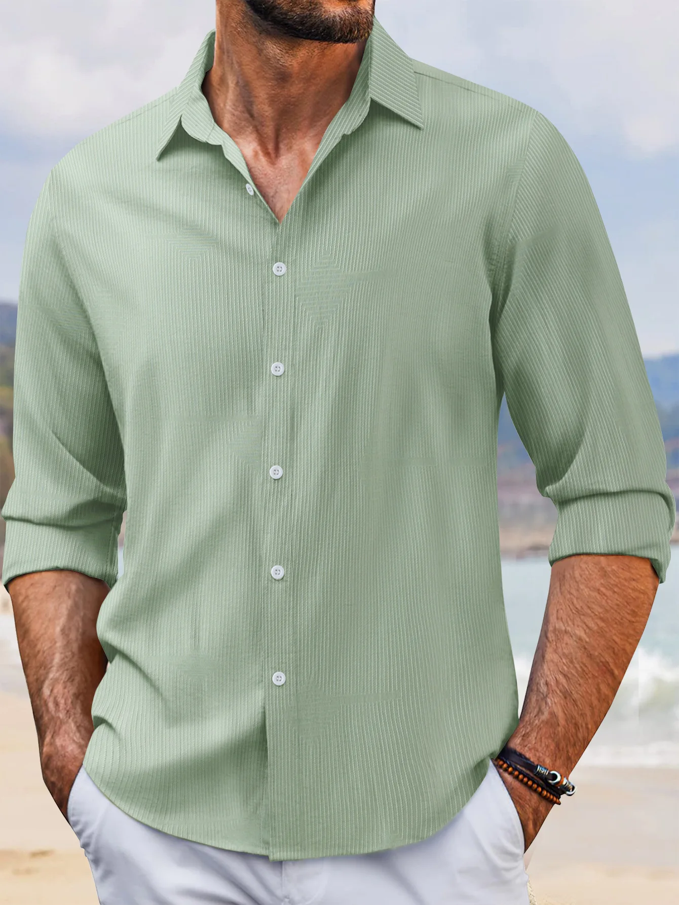 New Men's Casual Shirt, Spring And Autumn Fashion Lapel Striped Diamond Anti-wrinkle High Elastic Material Long sleeve cardigan