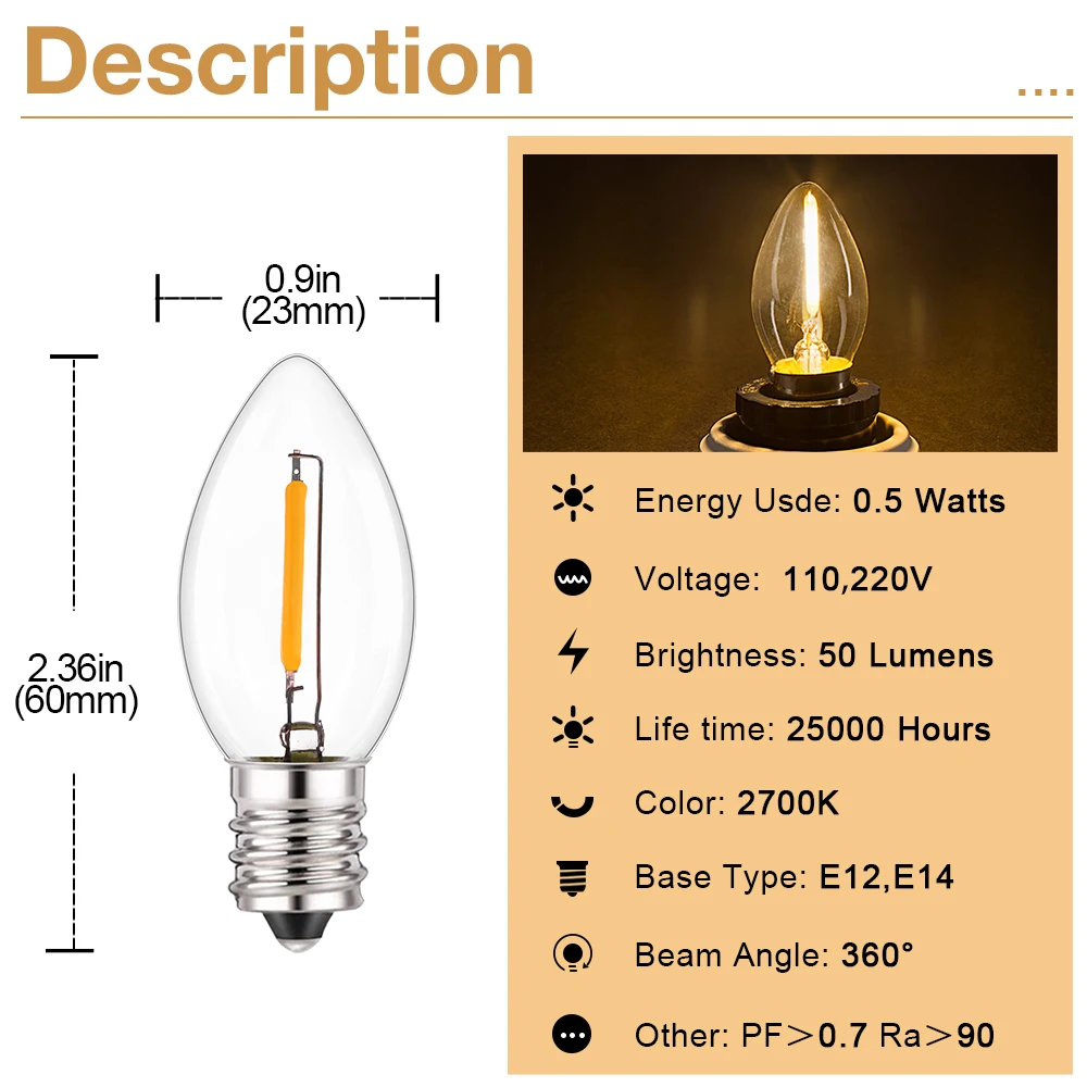 C7 E14 LED Bulb 220V Candle Lights E12 110V 0.5W Night Light 2700K Warm White Chandelier Lamp String Lights Replacement Bulbs