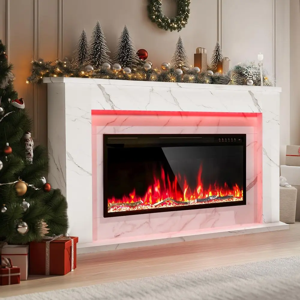 

Электрический камин 60 с каминкой, 42 вставки-нагревателя, 3D-колоды, эффект пламени, таймер, стиль белого мрамора для гостиной и спальни