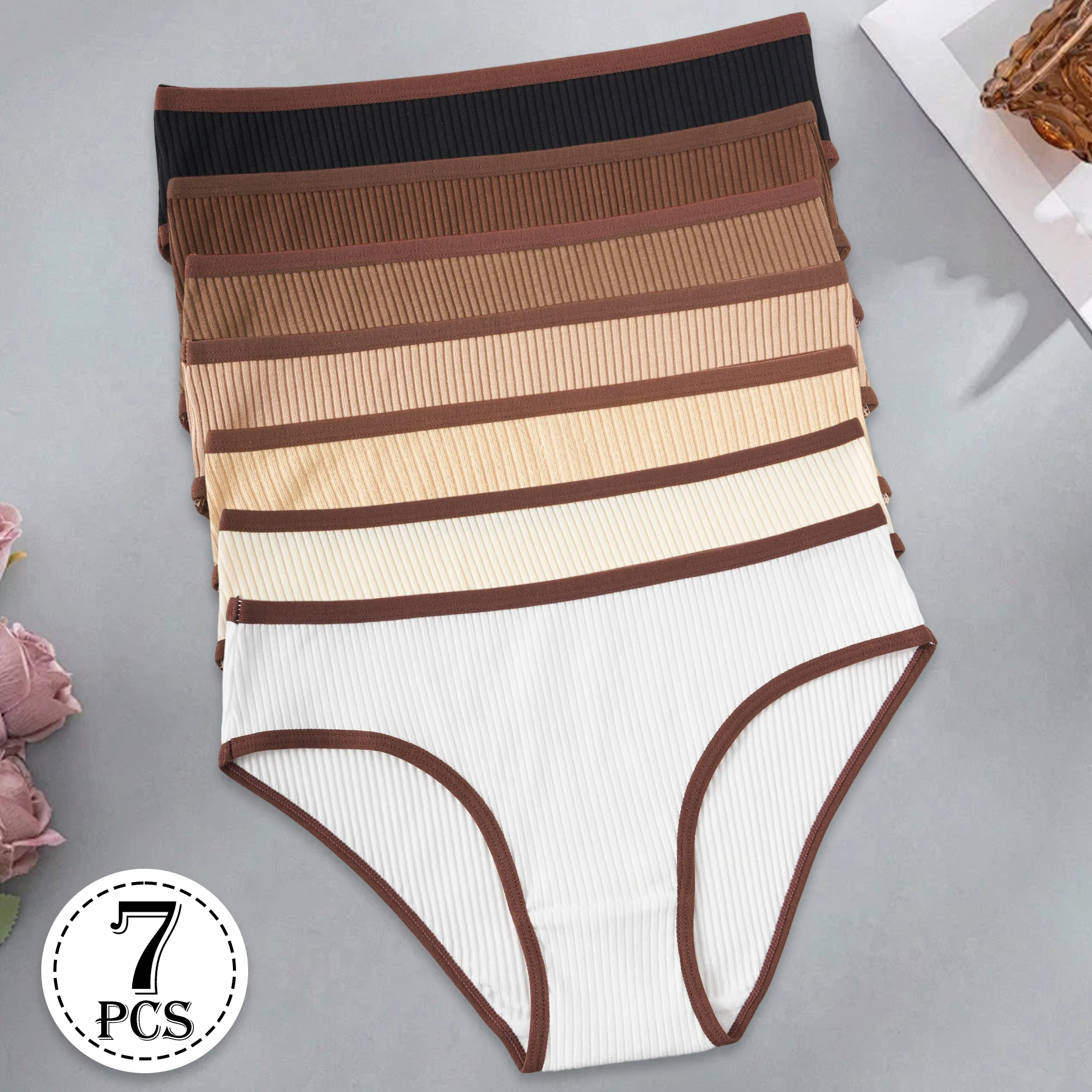 7PCS New Fashion Cotton Women's Panties Breathable Low-Rise Striped Briefs Girls Underwear Simple Comfortable Everyday Lingerie