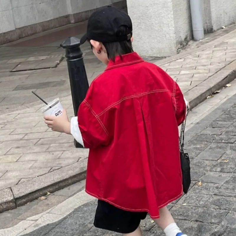 Boys' Loose Fit Japanese Style Short Sleeve Summer Shirt 2026 New Release Red Casual T-Shirt for Kids Fast Shipping