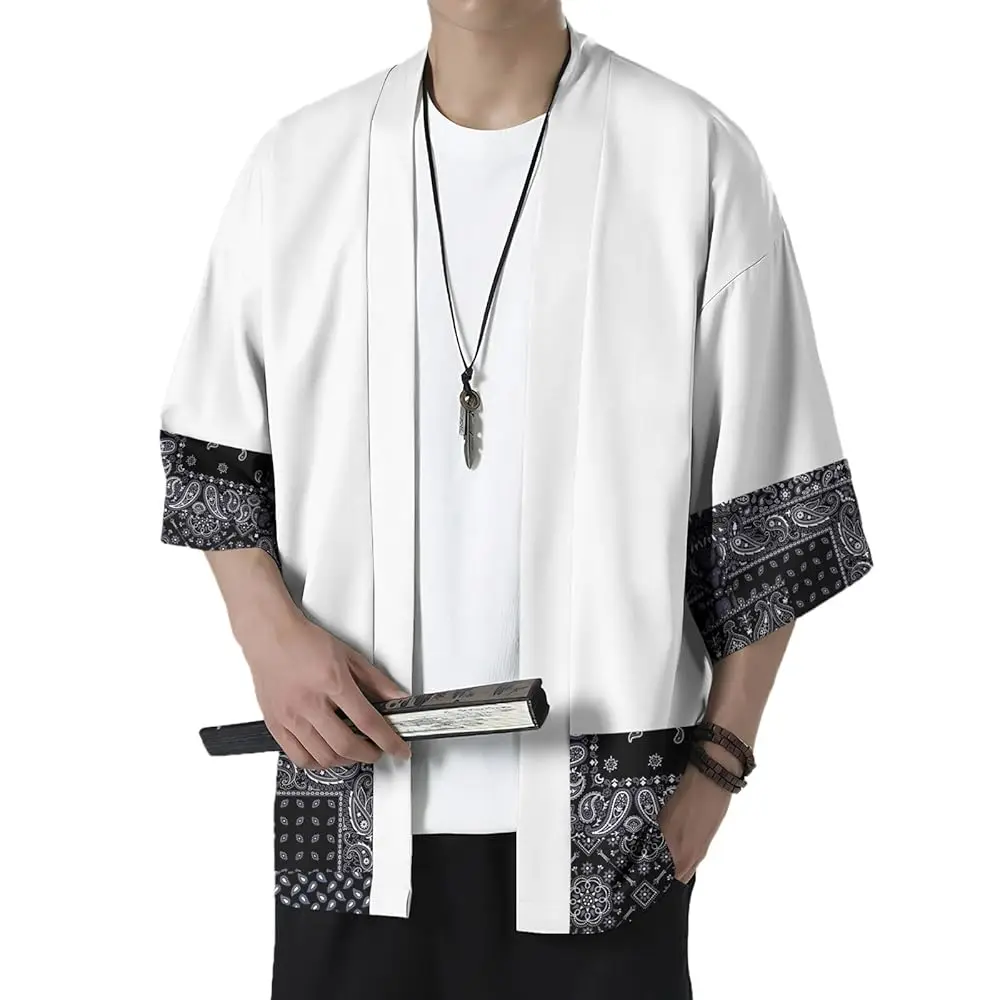 Mens Kimono Japanese Jacket Lightweight Cardigan Robe for Male Seven-Quarter Sleeve Open Front