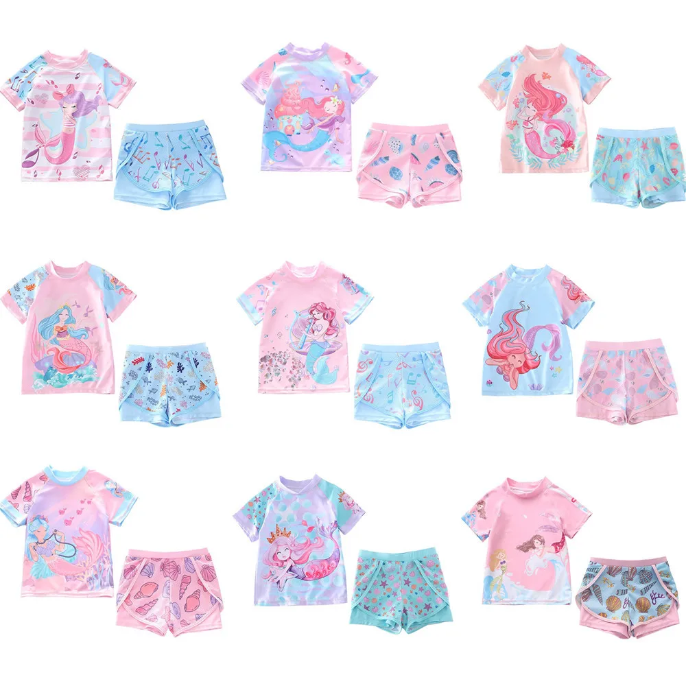 HappyFlute 16-38kg 2-Pieces Set Children\'s Swimming Pool Swimsuit Girls Lovely Split T-shirt Sweet Printed Infant Swimwear