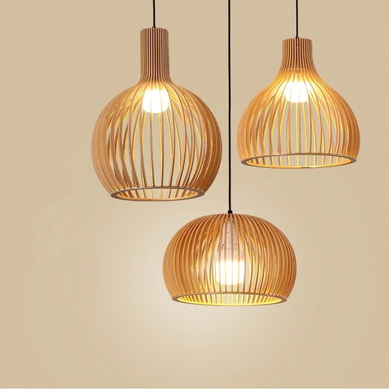 

Retro Hand-Made Wooden Pendant Lamp For Living Room Bedroom Suspension Light Indoor Led Lighting Home Decoration E27