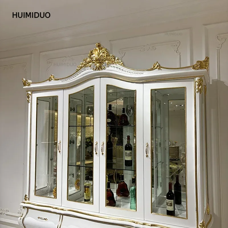 French four-door wine cabinet European court display cabinet dining room solid wood carved white high partition cabinet foyer