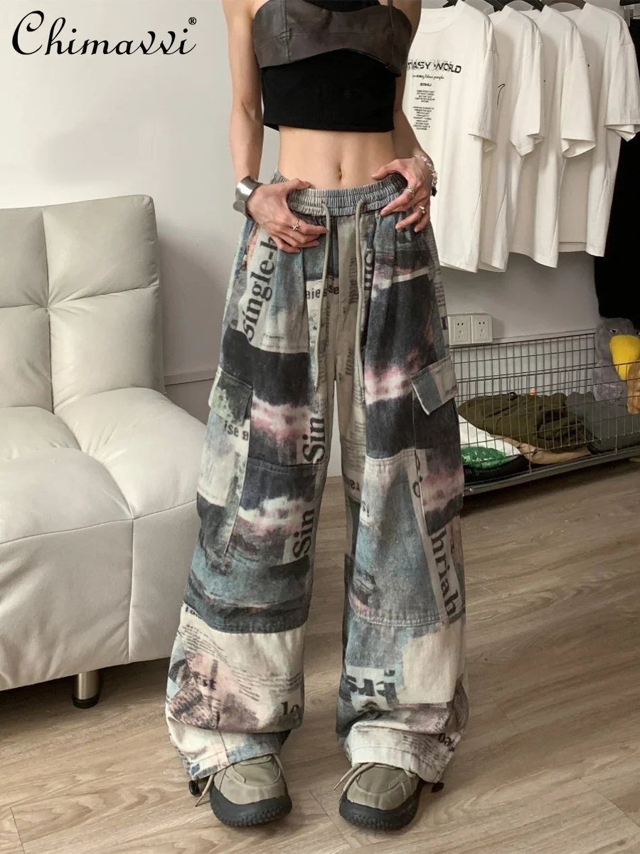 

Cool Girl Chic High Waist Wide Leg Pants Summer American Retro Thin Loose Newspaper Lettered Casual Ladies Straight-Leg Pants