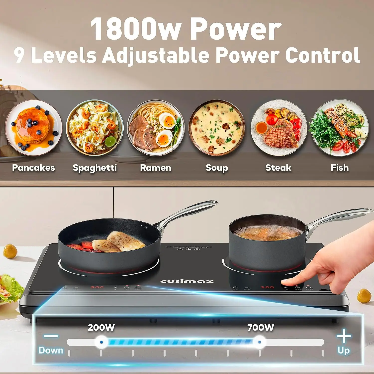 Piring Panas untuk memasak, 1800W 9 tingkat daya kompor listrik Inframerah ganda dengan Sensor sentuh, kunci pengaman anak-anak, Timer, negara keramik