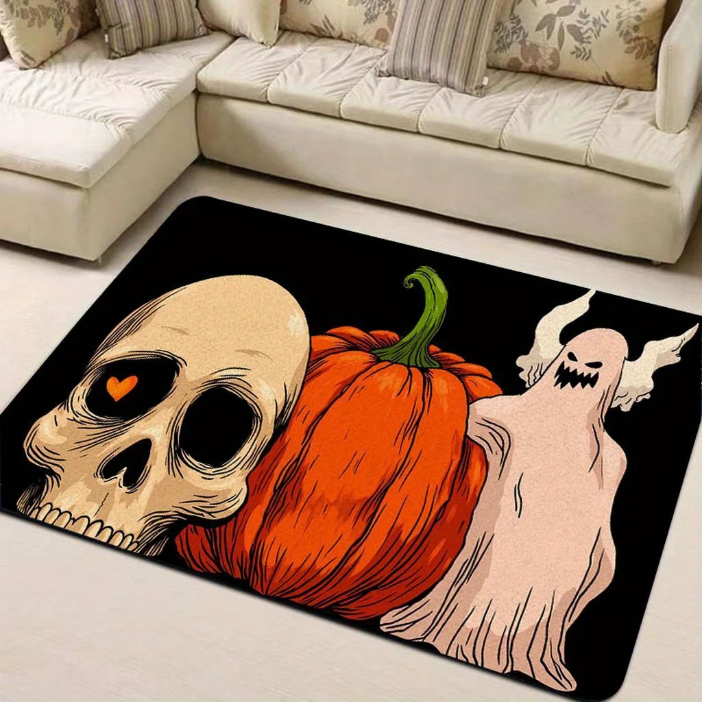 

Spooky Halloween Door Mat with Cartoon Ghosts and Pumpkin Design - Durable Polyester, Machine Washable, Rectangular Mat