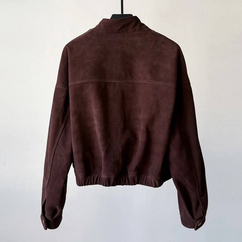 Veste en daim pour femme, manteau importé en peau de chèvre, hauts décontractés, col montant, ample, en cuir véritable, court, nouvelle collection 2026