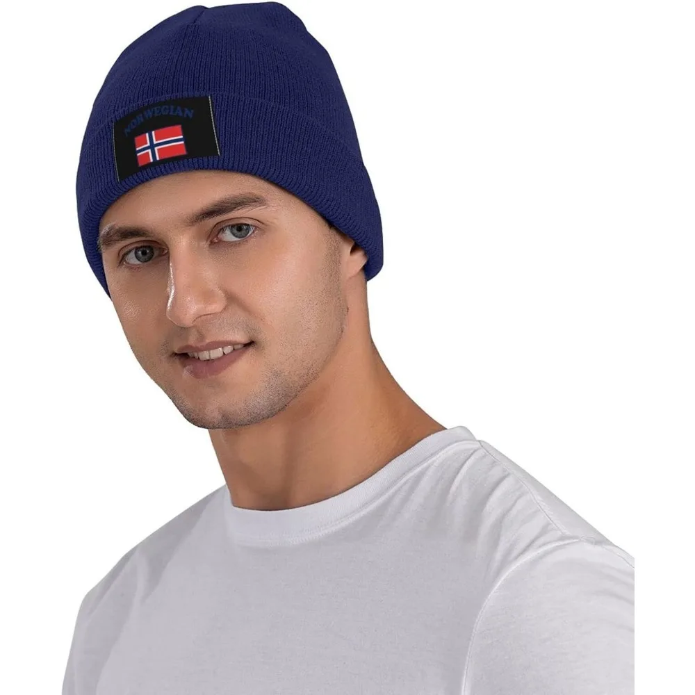 Zimowa czapka czapka z dzianiny dla mężczyzn, flaga norweska codziennie czapka typu Beanie ciepłe mankiety narciarskie czarne