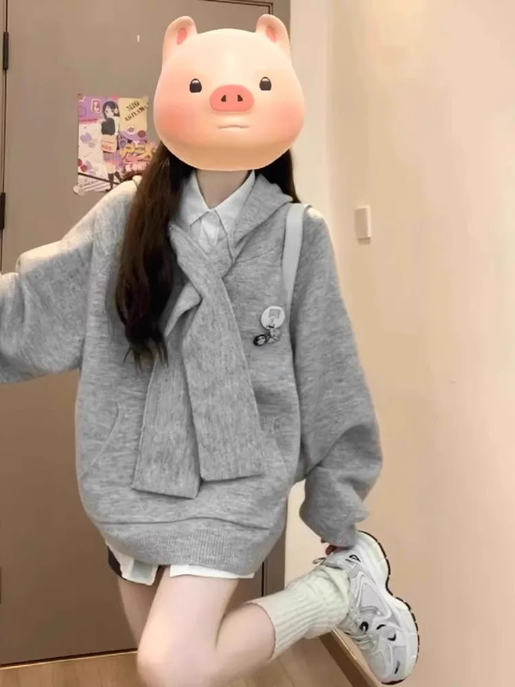 Gray Knitted Sweater Women's Lazy Style Autumn Design Hooded Knitwear Casual Comfortable Long Sleeve Straight Cut Korean Version