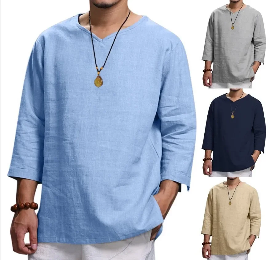 2024 Europe and The United States Men's New Cotton and Linen Long Sleeve T Male V-neck Loose Leisure Holiday Shirt