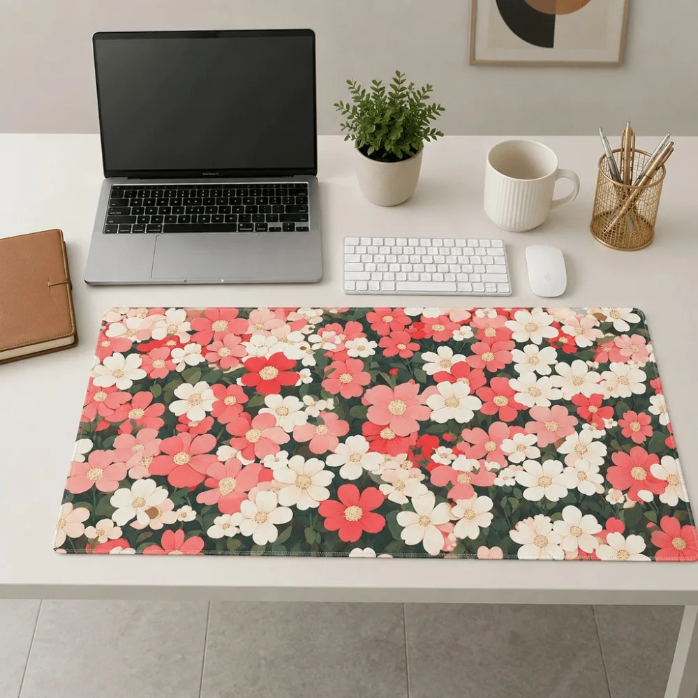 Floral-printed extended anti-slip keyboard and mouse pad for women's office, home study computer desk with rectangular tabletop