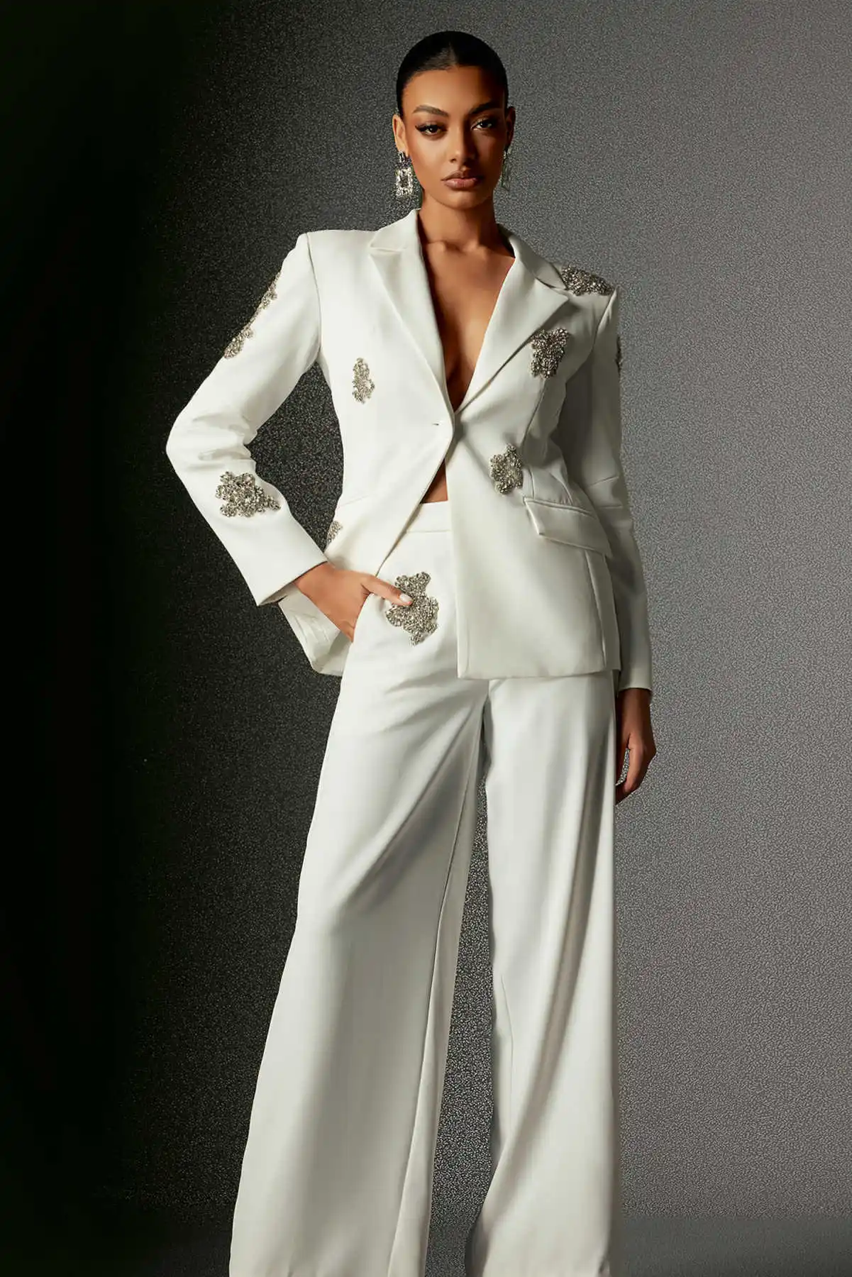 Exquisitos trajes de mujer, 2 piezas, chaqueta con cuello en V y un botón con cuentas, vestidos de fiesta de cristal personalizados a la moda