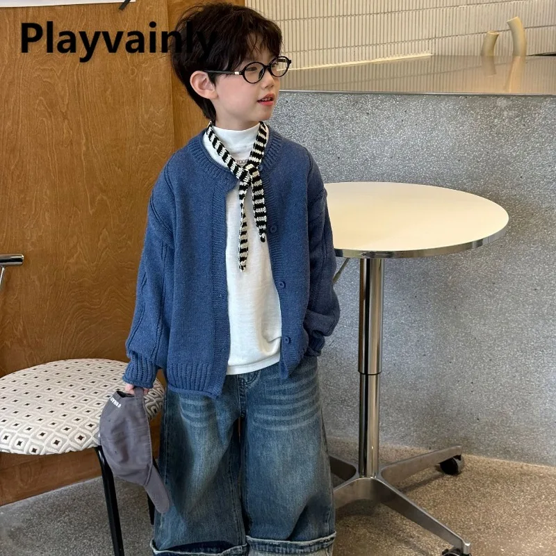 

Korean Style Boys Knitted Cardigan 2025 New Spring Autumn Children Blue Dark Gray Casual Loose Sweaters Coats Kids Clothes A5009