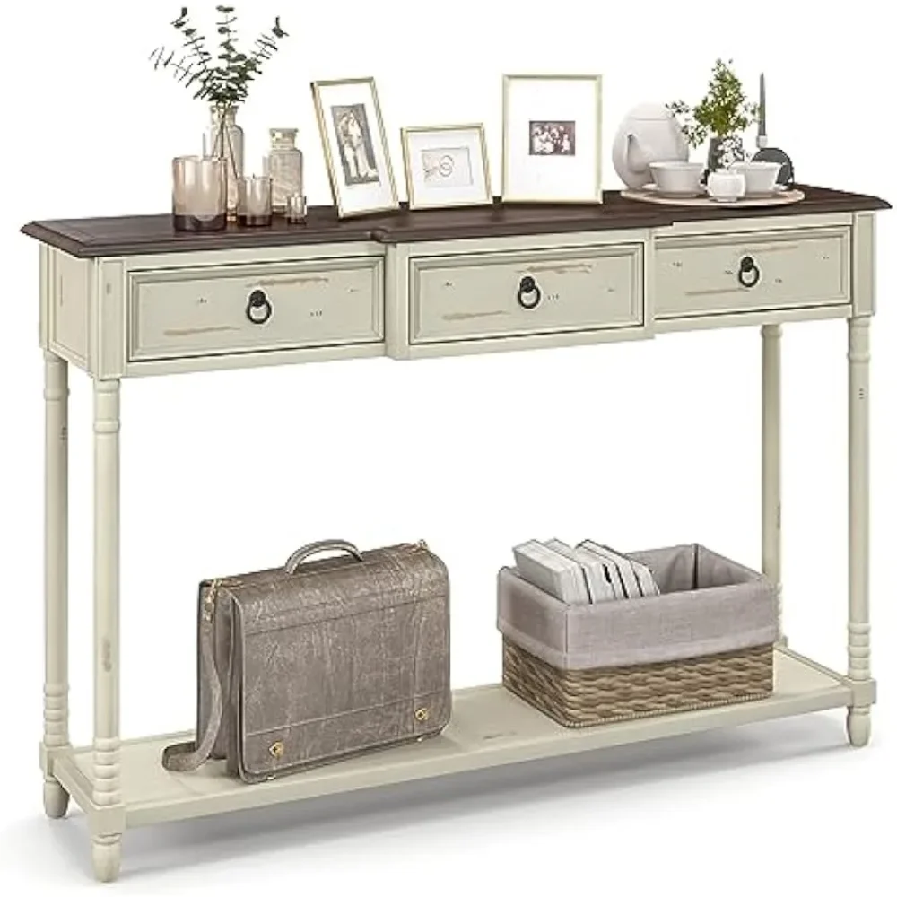 

Console Table with 3 Storage Drawers - Entryway Table, Rustic Farmhouse Entryway Table with Open Storage Shelf, Solid Wood