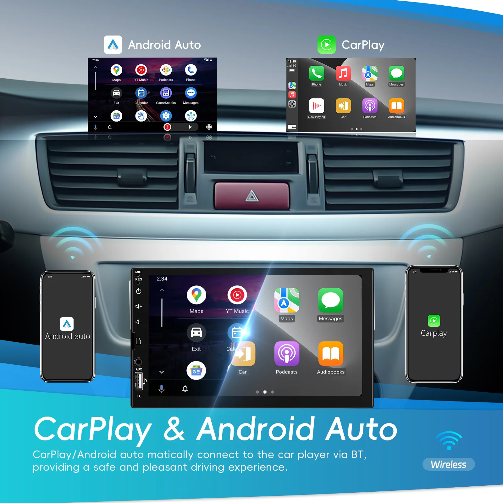 Hikity 7 "شاشة تعمل باللمس 1DIN Carplay أندرويد السيارات سيارة مشغل MP5 مع بلوتوث FM استقبال متعدد الوظائف منفذ USB EQ مرآة الارتباط