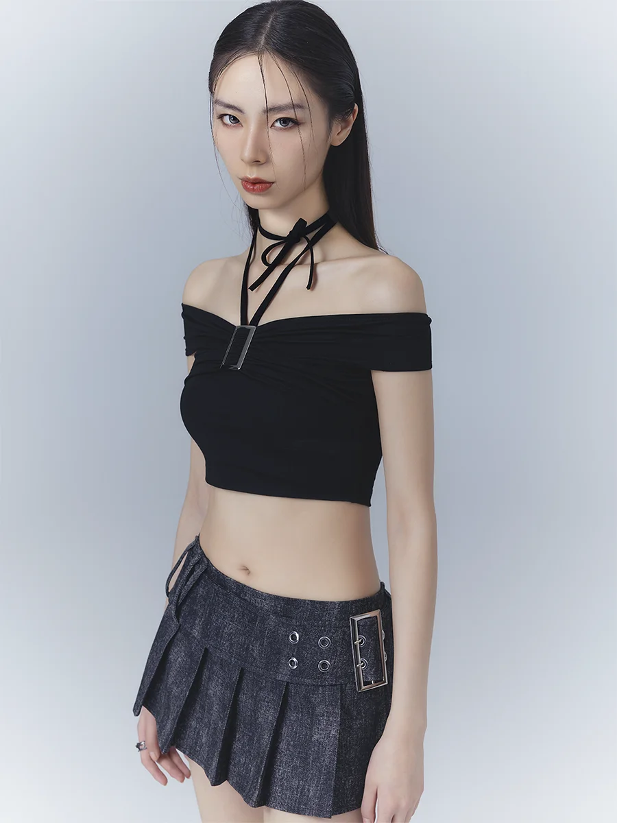 

Lost Garden Pure Desire Sweet Spicy ort Knitted Slim Fit oulder Bared Women's Top Original Design Cotton Blend Fabric