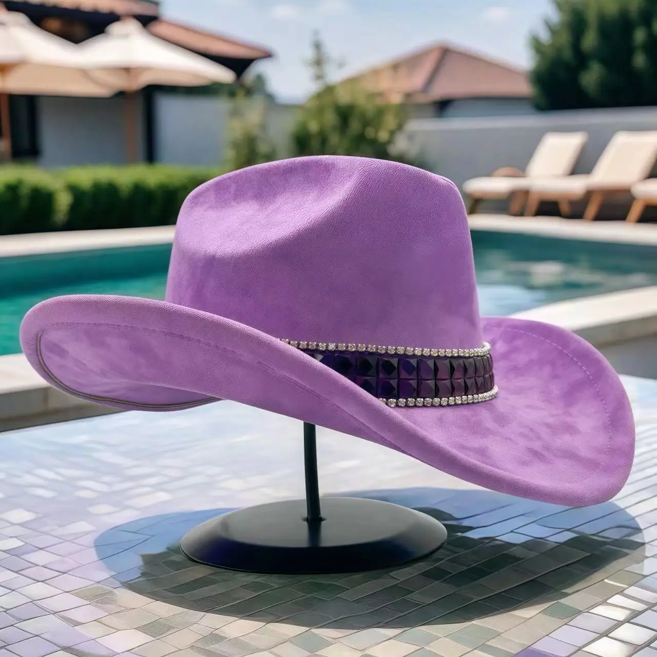 HongLuan Violet Disco Kostüm Hut Erwachsene & Cowboyhüte Strass für Frau, Cowboy Cosplay Damen Accessoires & Cowgirl Cap