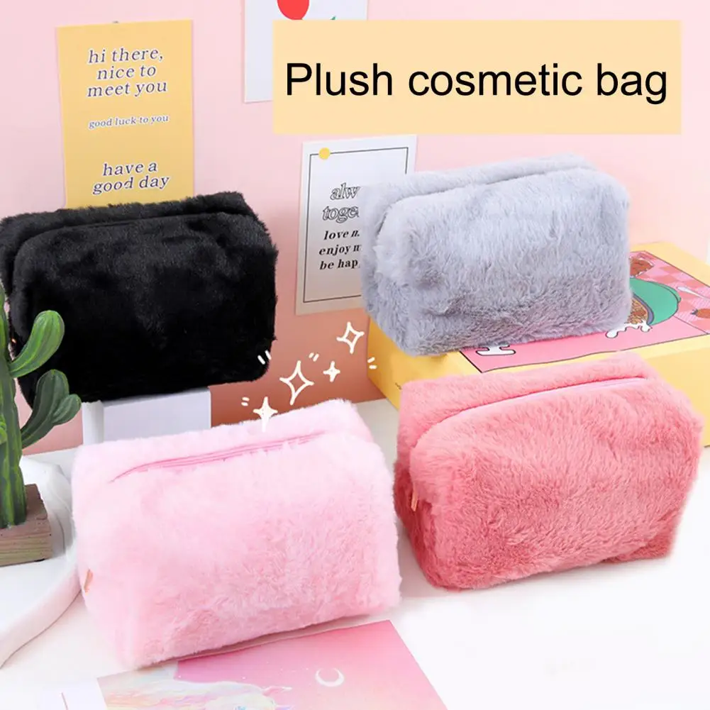 Cute Fur Cosmetic Bag Large Capacity Portable Soft Fuzzy Plush Solid Color Travel Washing Toiletry Makeup Case Plush Pen Pouch