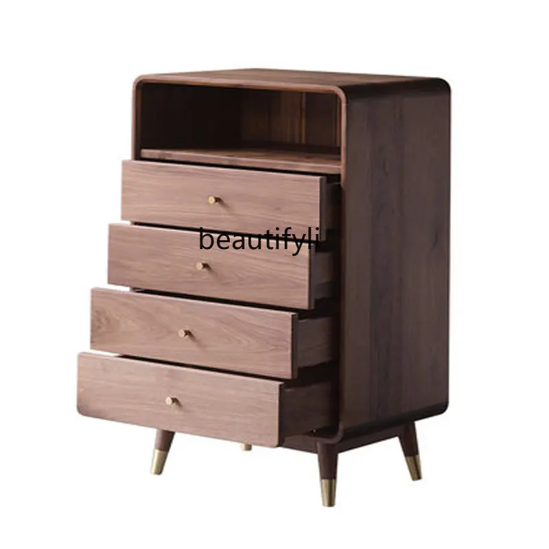 

Nordic Black Walnut Five-Drawer Wooden Chest of Drawers Cabinet Solid Wood Side Cabinet Japanese Storage Cabinet Bedroom