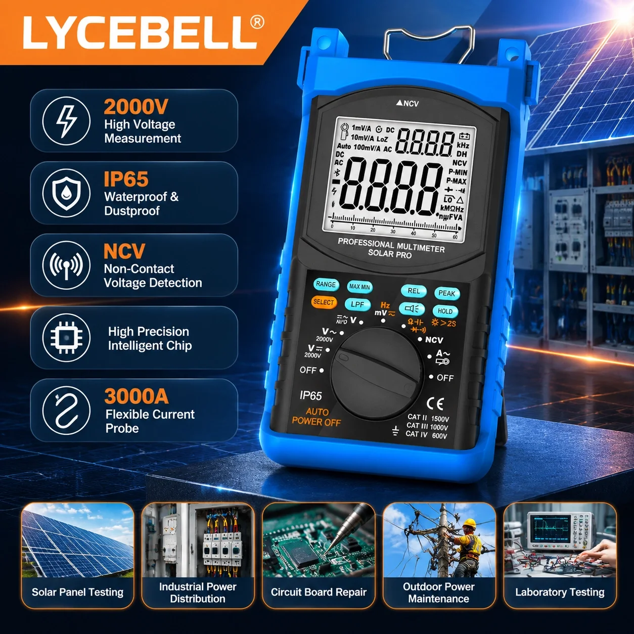 HoldPeak 6688T Solar Pro True RMS Multimeter 6000 Counts 2000V AC/DC NCV LPF Capacitance Freq for PV System
