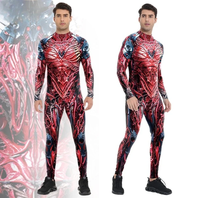 

Men's-Inspired Symbiote Cosplay Bodysuit - Full-Body Red & Black Patterned Form-Fitting Costume