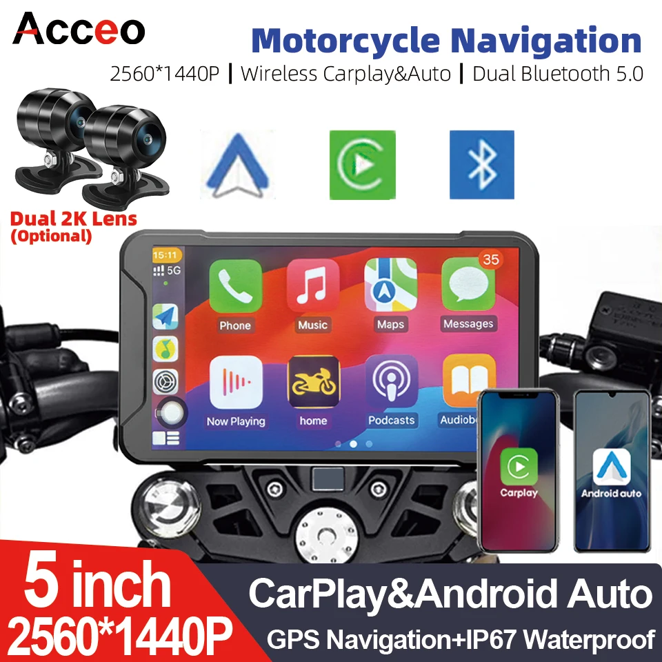 

Acceo 5" Smart Motorcycle Dash Cam Support CarPlay Android Auto Wireless 2K IPX7 Waterproof Optional Dual Lens Rear Camera GPS