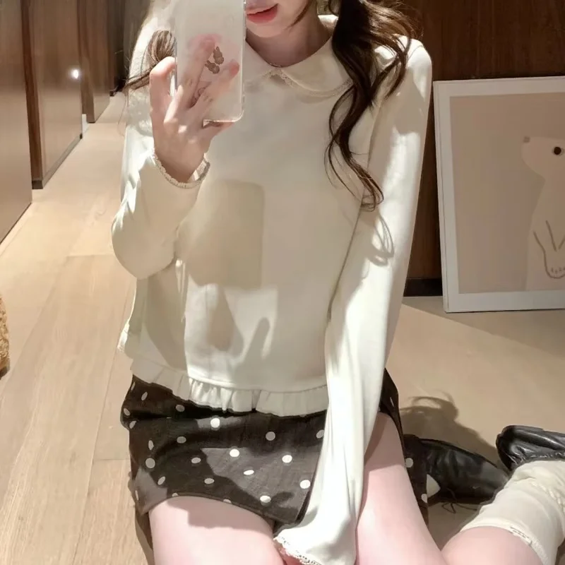 Women's T Shirt Autumn New Peter Pan Collar Lace Trim Long Sleeve Ropa Mujer Ruffled Hem Spliced Loose Tee Sweet French Style