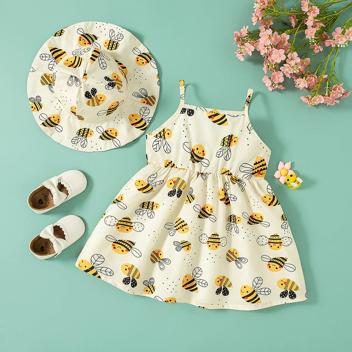 Baby Girl Dresses Summer Bee Printed Halter Girl Dresses Cute Girls Beach Dresses with Hat