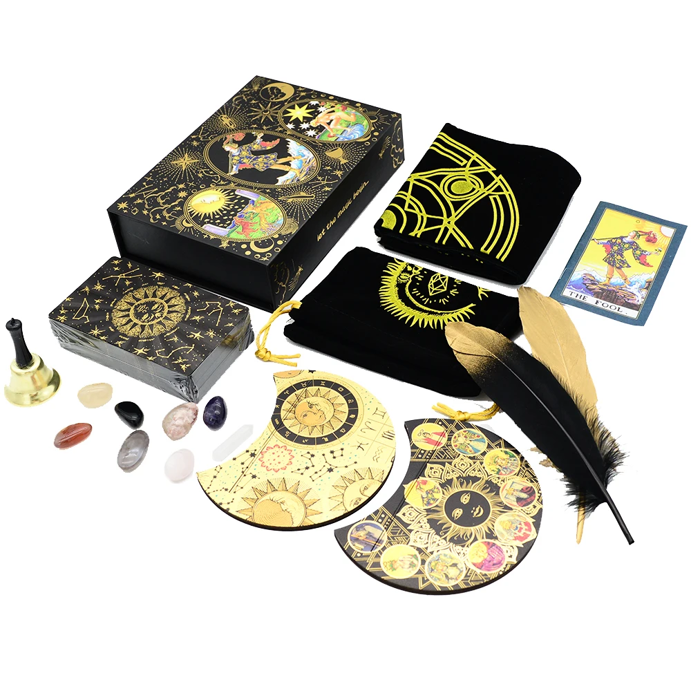 Deluxe Feather Black Gold Sun Gift Box Set Gold Foil Tarot 12 * 7cm Stamping PVC Waterproof Wear Resistant Board Game Card