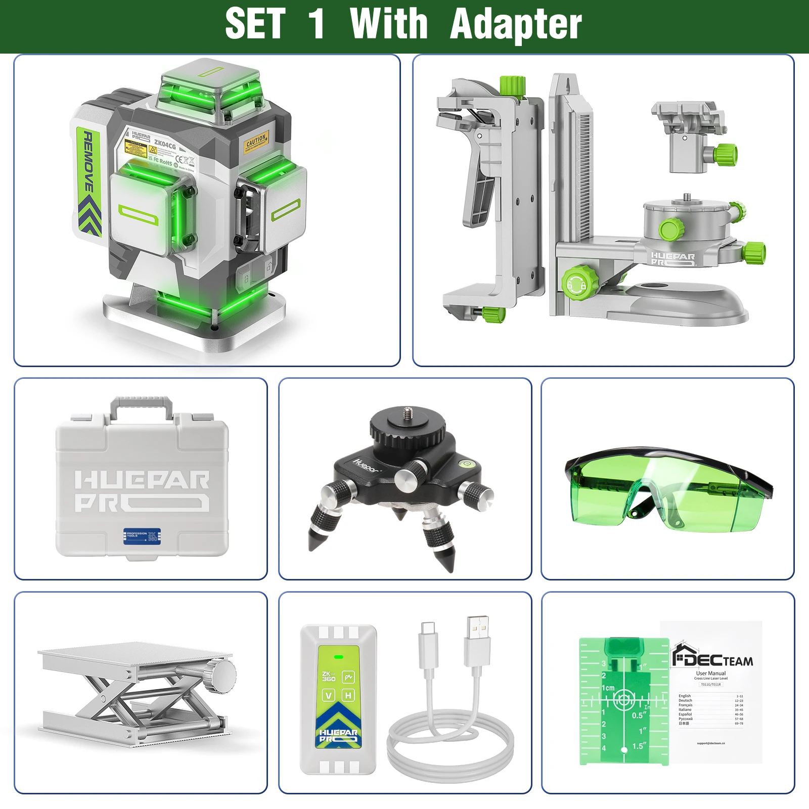 Huepar Professional 4D kruislijnlaser ± 2 mm hoge nauwkeurigheid zelfnivellerende groene lasergereedschapset met 8000 mAh Li-ionbatterij