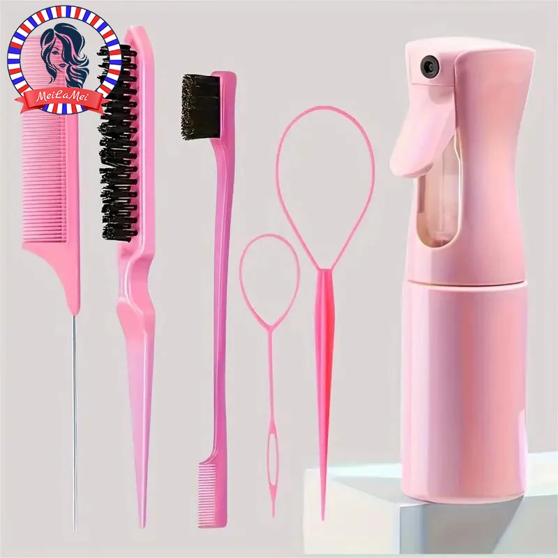 6pcs/Set Hair Brush Set Hairdressing Spray Bottle Hair Braiding Loop Rat Tail Comb Teasing Hair Brsuh Edge Control Hair Brush