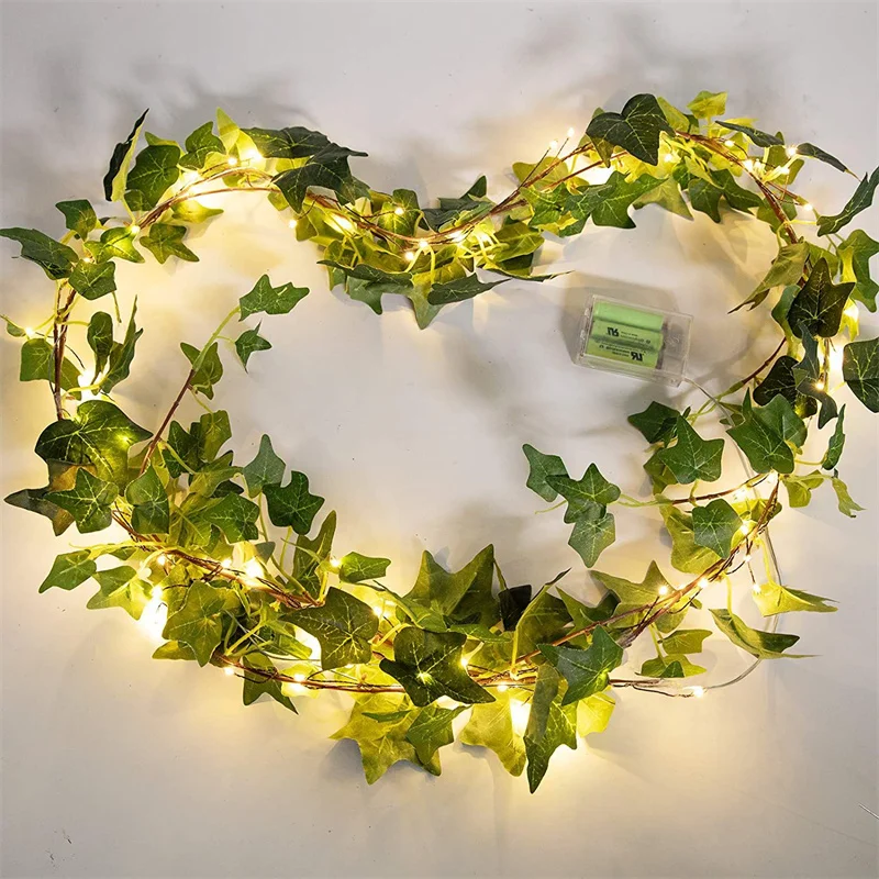 Artificial Green Leaf String Lights AA Battery Powered Simulation Flower Greenery LED Light Weeding Room Indoor Wall Decoration