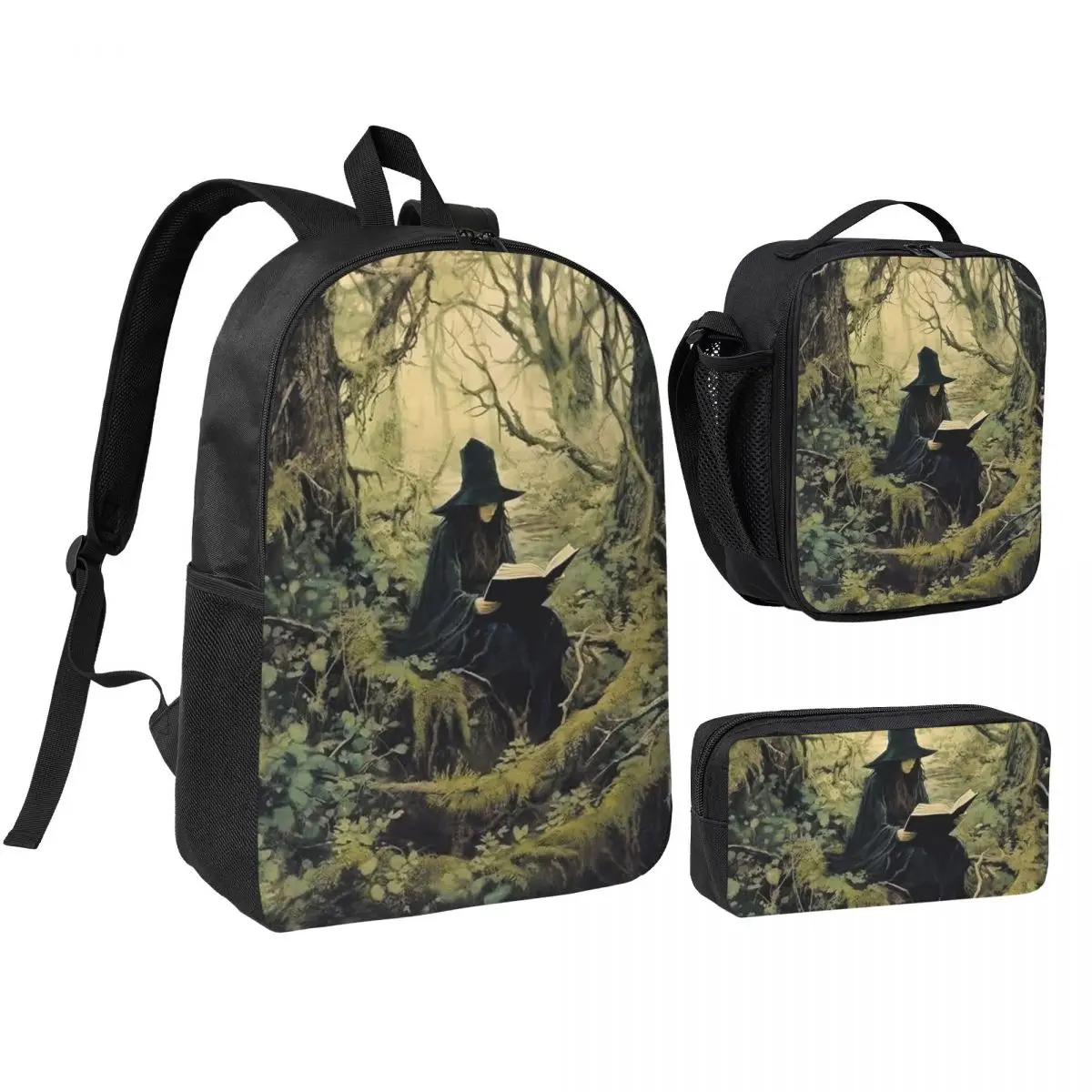 Witch Reading Books In Enchanted Forest Backpack Student BookBag School Bag Shoulder Bags 3ps Insulated Lunch Bag Pencil Case