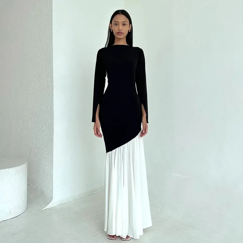 الموضة الأوروبية والأمريكية الجديدة جولة الرقبة طويلة الأكمام اللون منعت مطوي تنورة طويلة 2025 الربيع/الصيف مثير سليم صالح اللباس