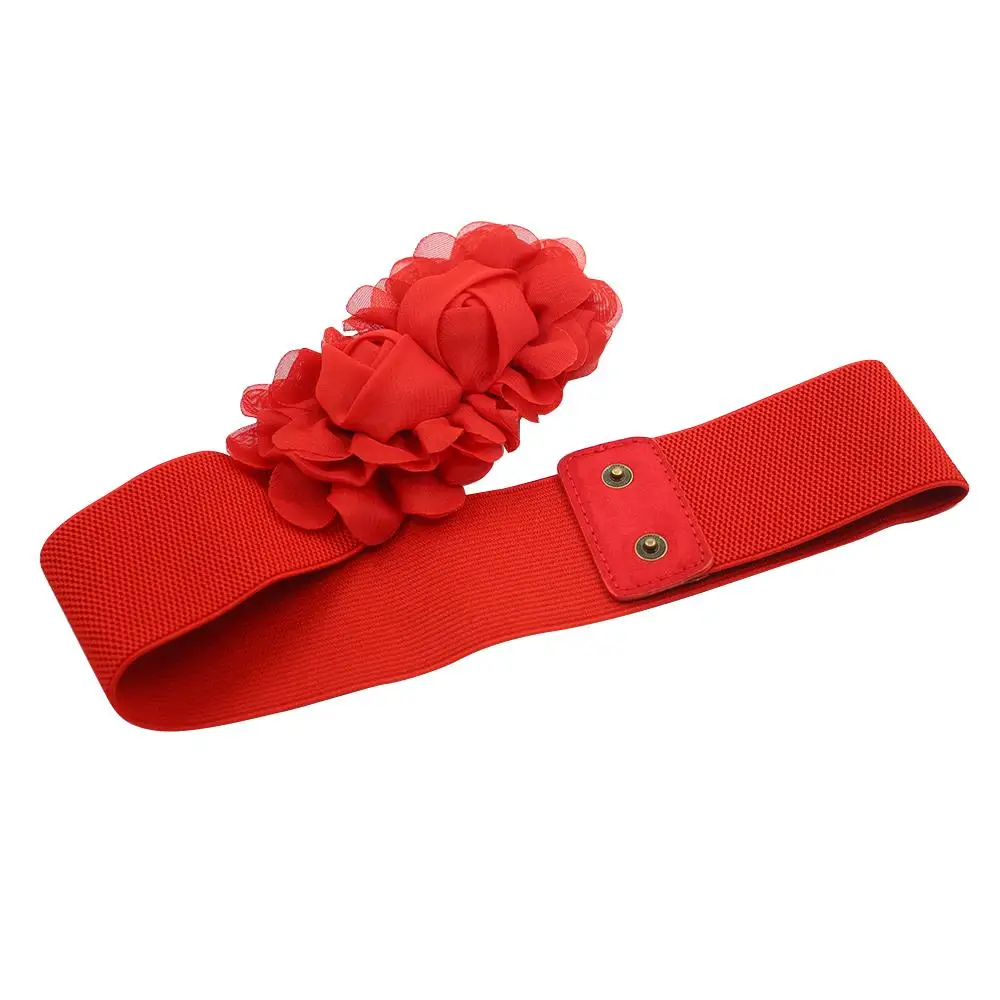 Fashion Belt For Women\'s Double Rose Flowers Elastic Stretch Waist Belt Wide Stretch Waistband