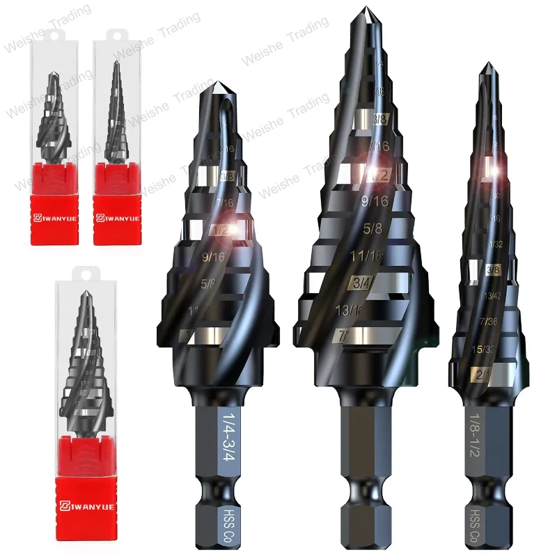 

3Pcs 4 Spiral Flute M35 Step Drill 1/8"-7/8" HSS Impact Unibit Stepped Drill Bit Wear-Resistant Tian Coated Metal Woodworking