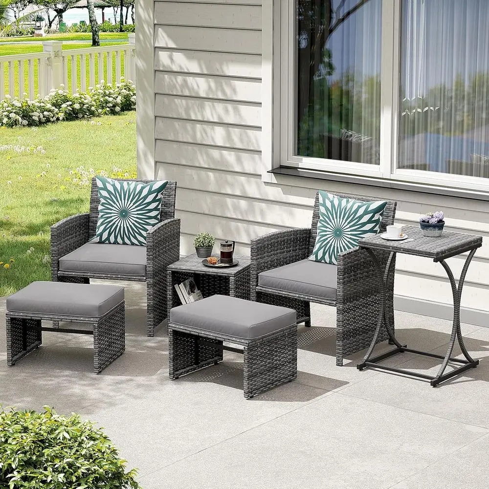 

6-Piece Outdoor Grey Wicker Patio Furniture Set with Ottoman, Ideal for Balcony or Apartment
