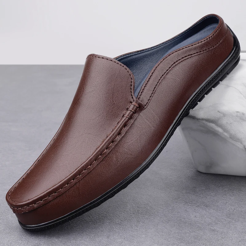 

Men's Leather Backless Loafers Minimalist Slip On Mules Shoes Lightweight Non-slip Driving Shoes for Men Business Casual Office
