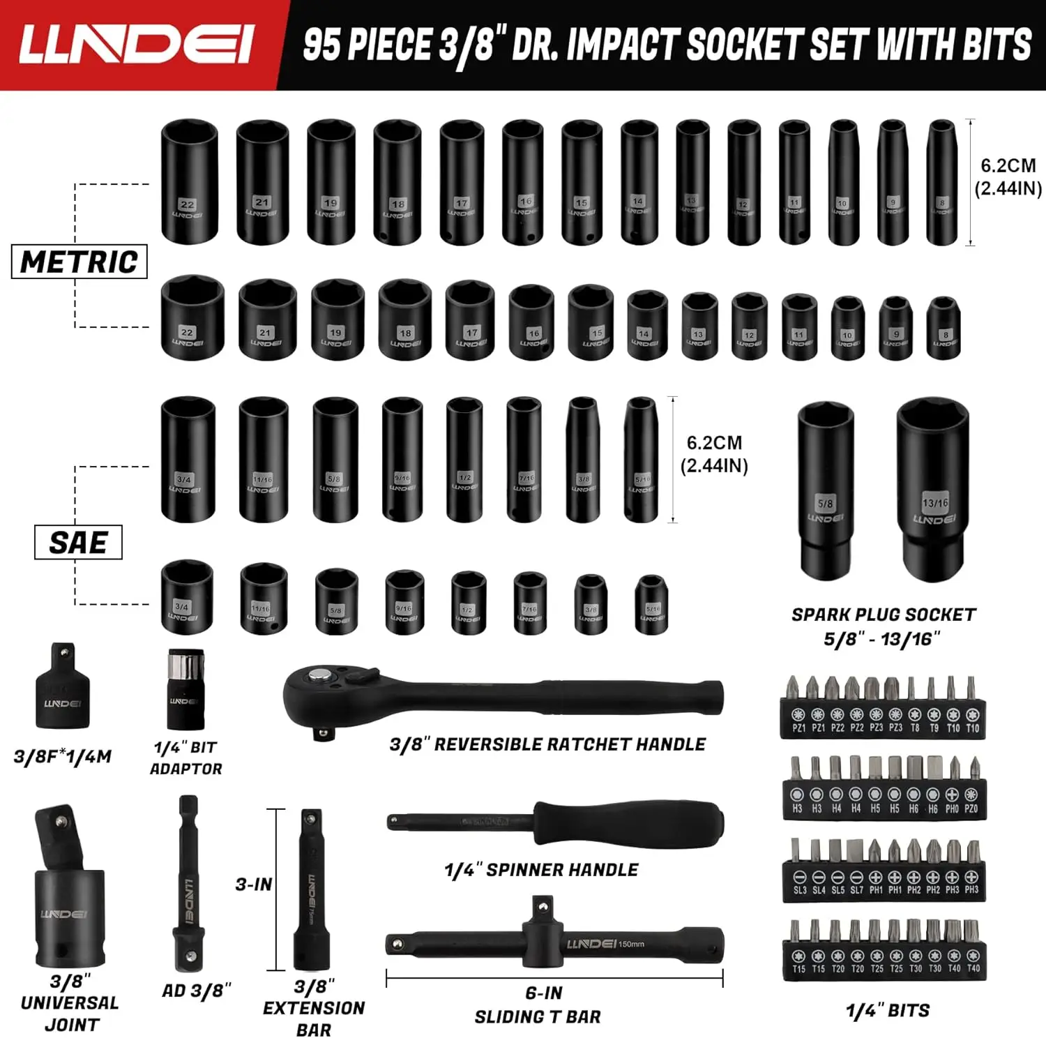 3/8”Drive Impact Socket Set,Standard SAE(5/16 to 3/4-Inch) Metric Size(8-22mm), 95 Piece, CR-V Steel Deep&Shallow Kit