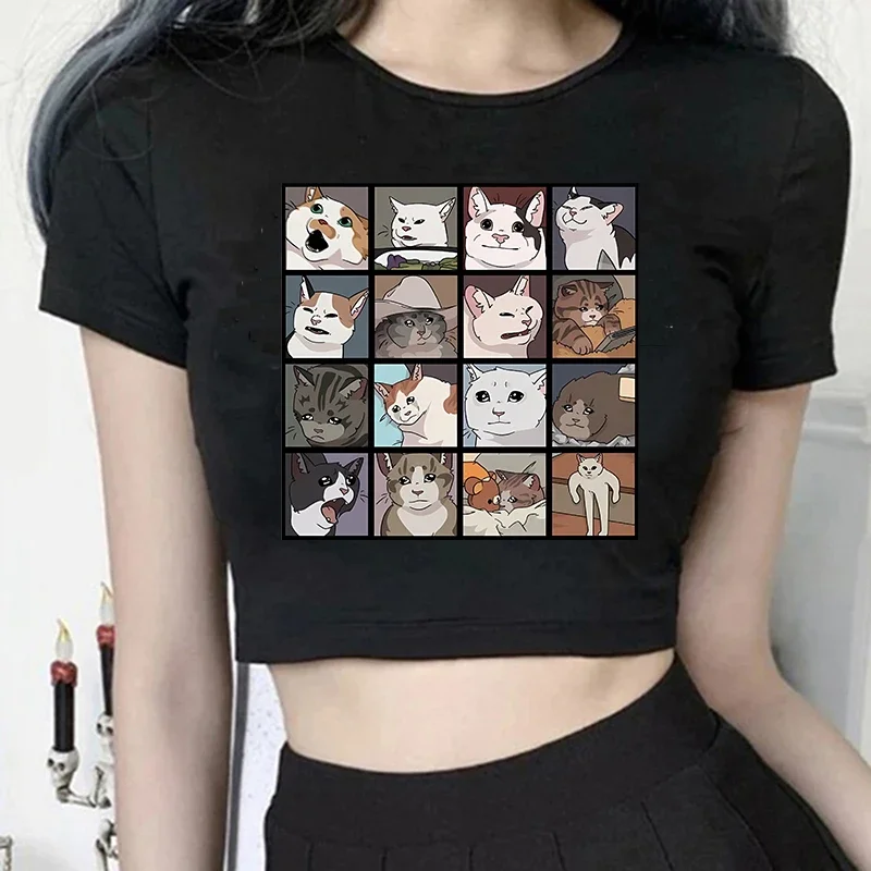 Aesthetic Crop Top Y2k 90s Funny Cute Cat T Shirt Women Shirt Harajuku Graphic Ulzzang T-shirt 90s Tshirt Top Tee Female Cropped