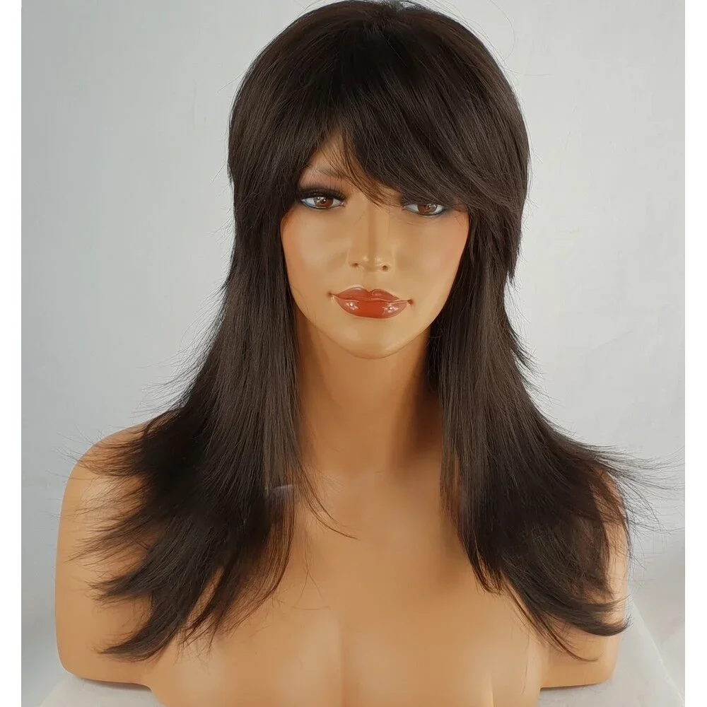 Wig sintetis coklat tua untuk wanita, Wig panjang berlapis pipih, Wig sintetis wanita