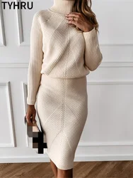 TYHUR Autumn Women's Knitting Costume Turtleneck Solid Color Pullover Sweater + Slim Skirt Two-Piece Set