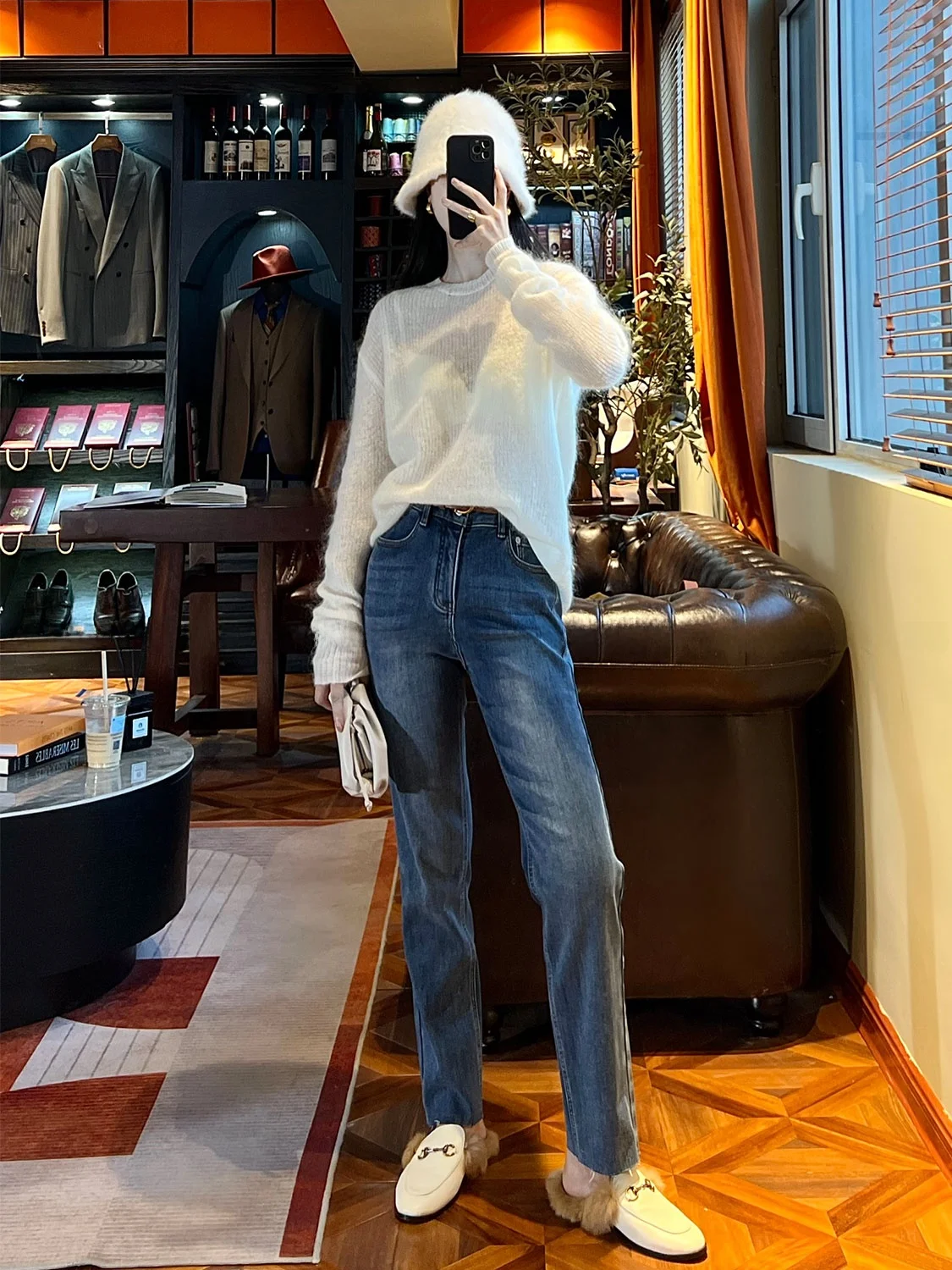 

Retro Fce Lined Cartoon Leg Jeans Women's Warm Straight Cut Denim Pants High Waist Wide Leg Zipper Closure Autumn Wear