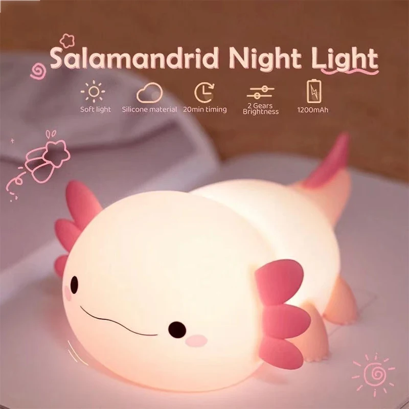 D2 Cute Axolotl Night Light Silicone Nursery Sleeping Lamp Touch Control Nightlights USB Rechargeable Table Lamp for Baby Child