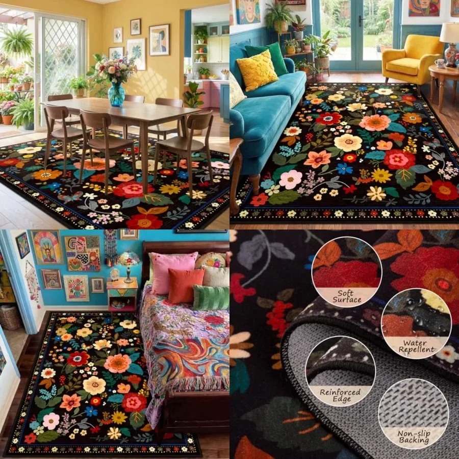 

Floral Nursery 5x7 Area Rugs Washable Print Boho Cute Carpet Non Slip Flower Low Pile for Living Room Girls Playroom Bedroom Ki