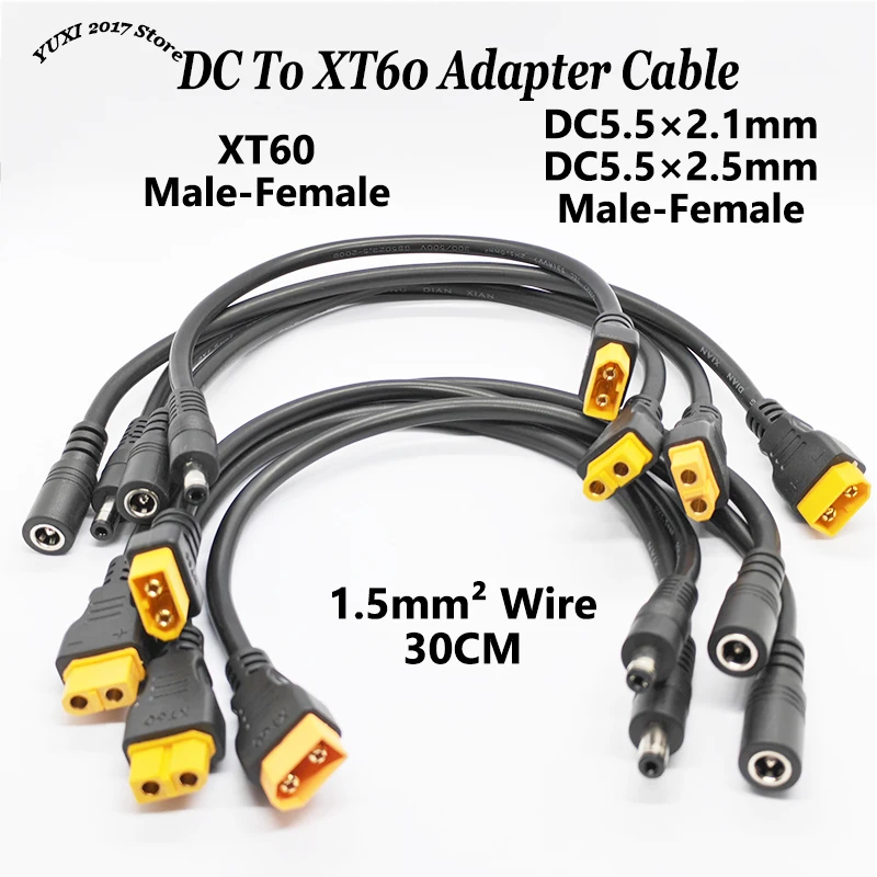 1PC High-quality XT60 Male/female Connector To DC5521/5525 Power Cord Adapter For Automotive Battery Charging Adapter Cable 30CM