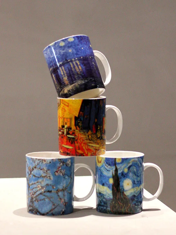 

Кружки из костяного фарфора Van Gogh, 350 мл, в европейском стиле, с художественной росписью маслом, большой объем, керамические чашки для воды, простой дизайн