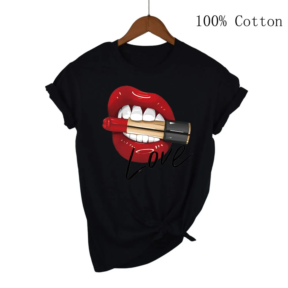 2024 Hot Harajuku Shiny red lips Graphic T Shirt Women Cartoon Grunge T-shirt Fashion Tshirt Ullzang Top Tee Female ropa mujer